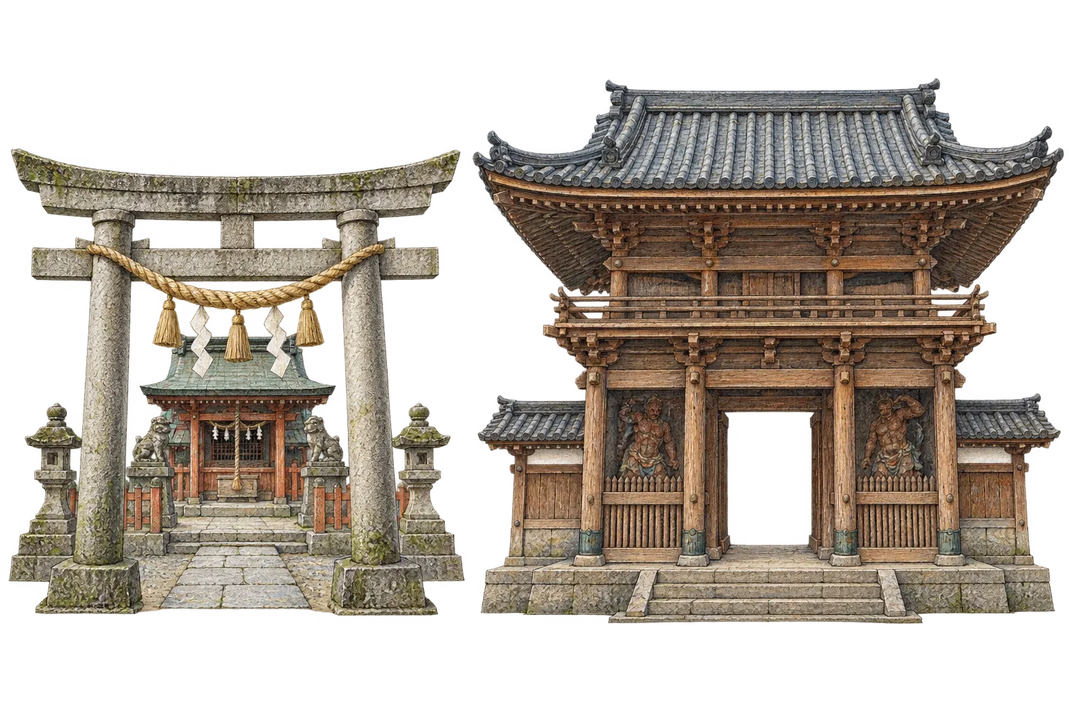 左に神社の鳥居、右に寺院の屋根付き山門を配した、入口の違いを感じるための編集イラスト。