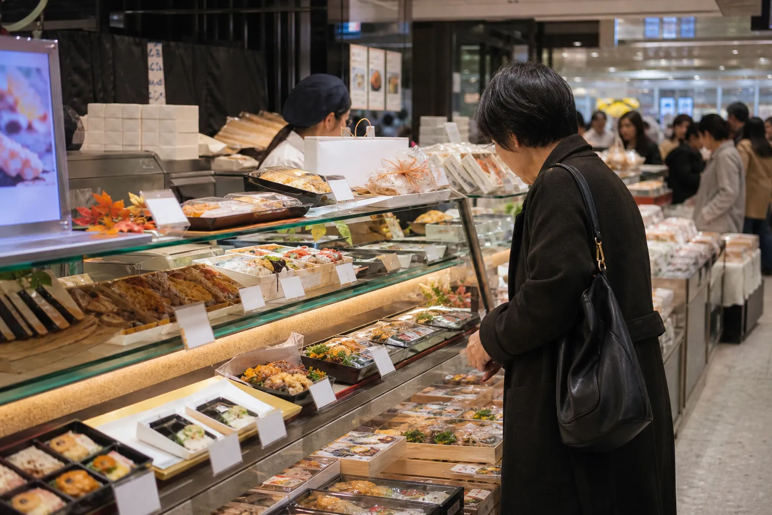 百貨店地下の食品売り場で、並んだ惣菜を選ぶ人。