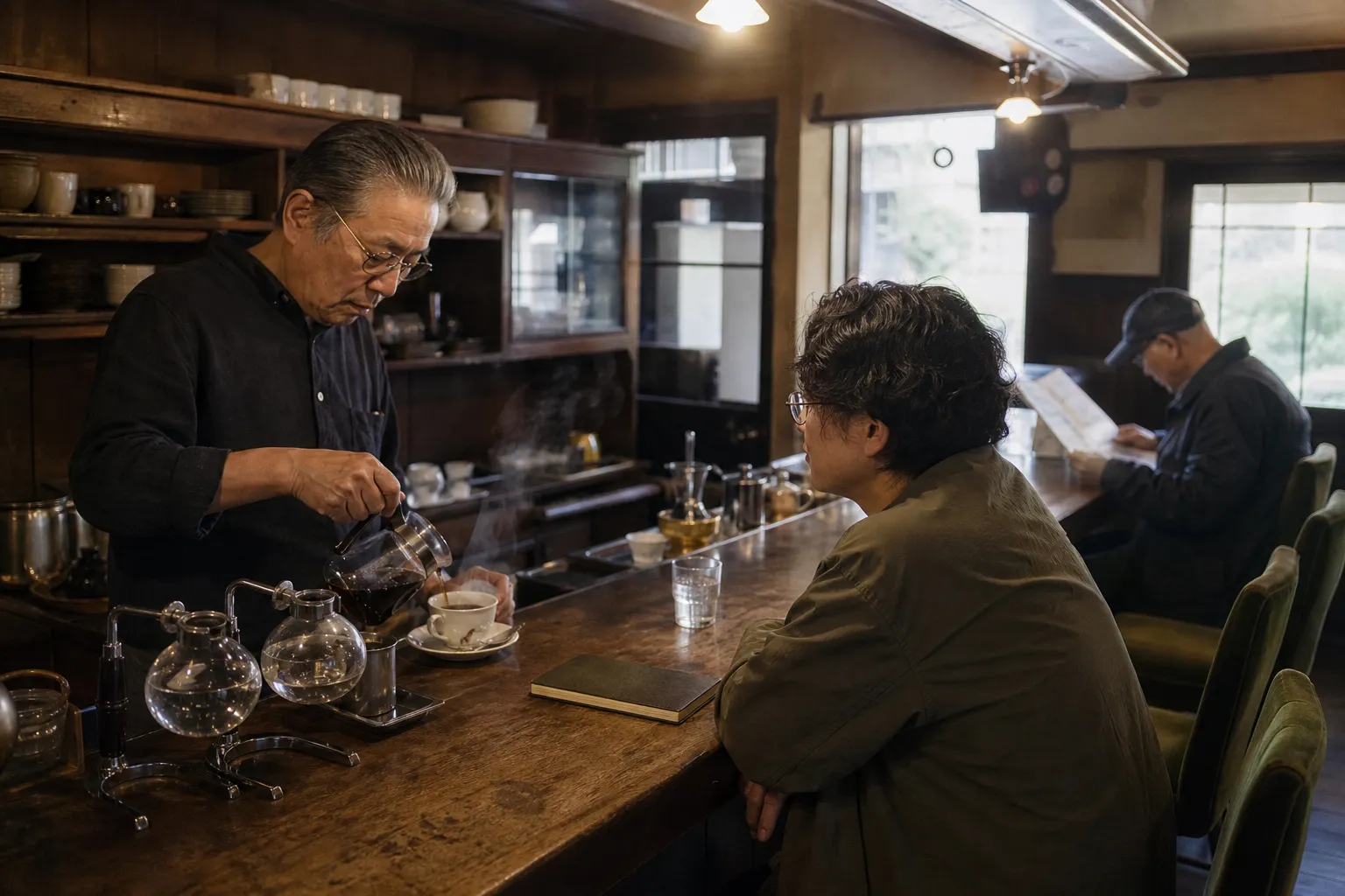 静かな喫茶店の使い込まれた木のカウンターで、店主が客へコーヒーを注ぐ様子。