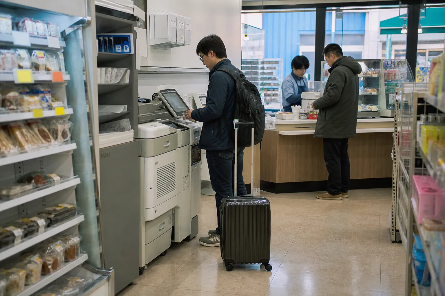 地域のコンビニで、荷物を持つ旅人がマルチコピー機を使い、別の客が会計する様子。
