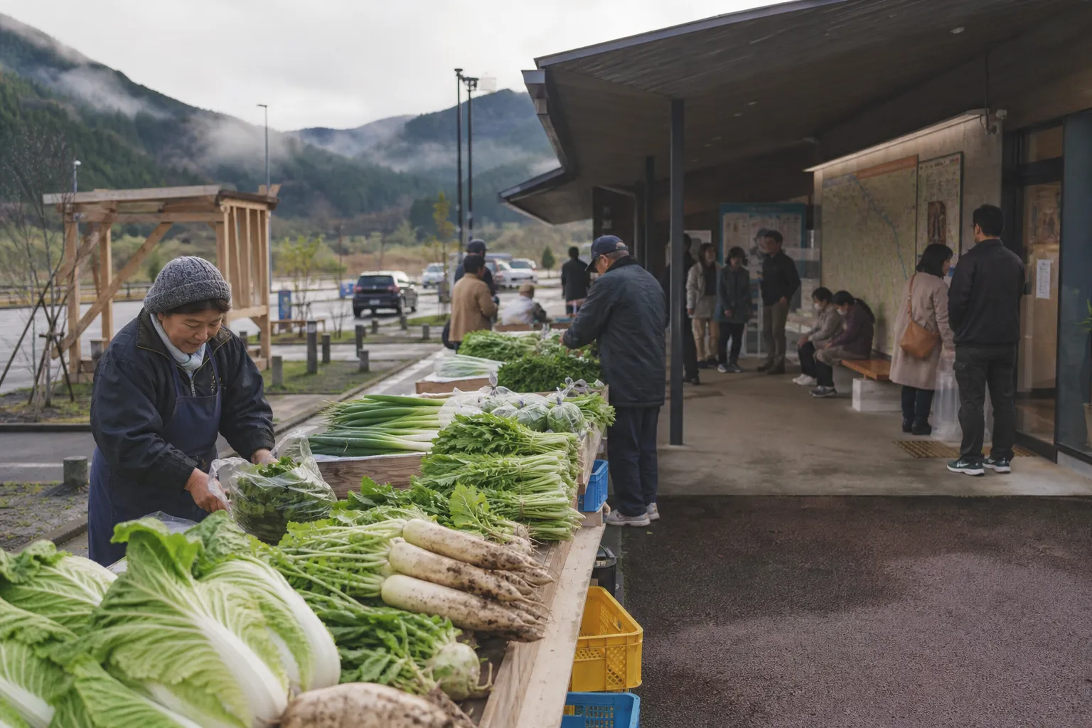 雨上がりの地域の道の駅に、地元の野菜が並ぶ朝の様子。