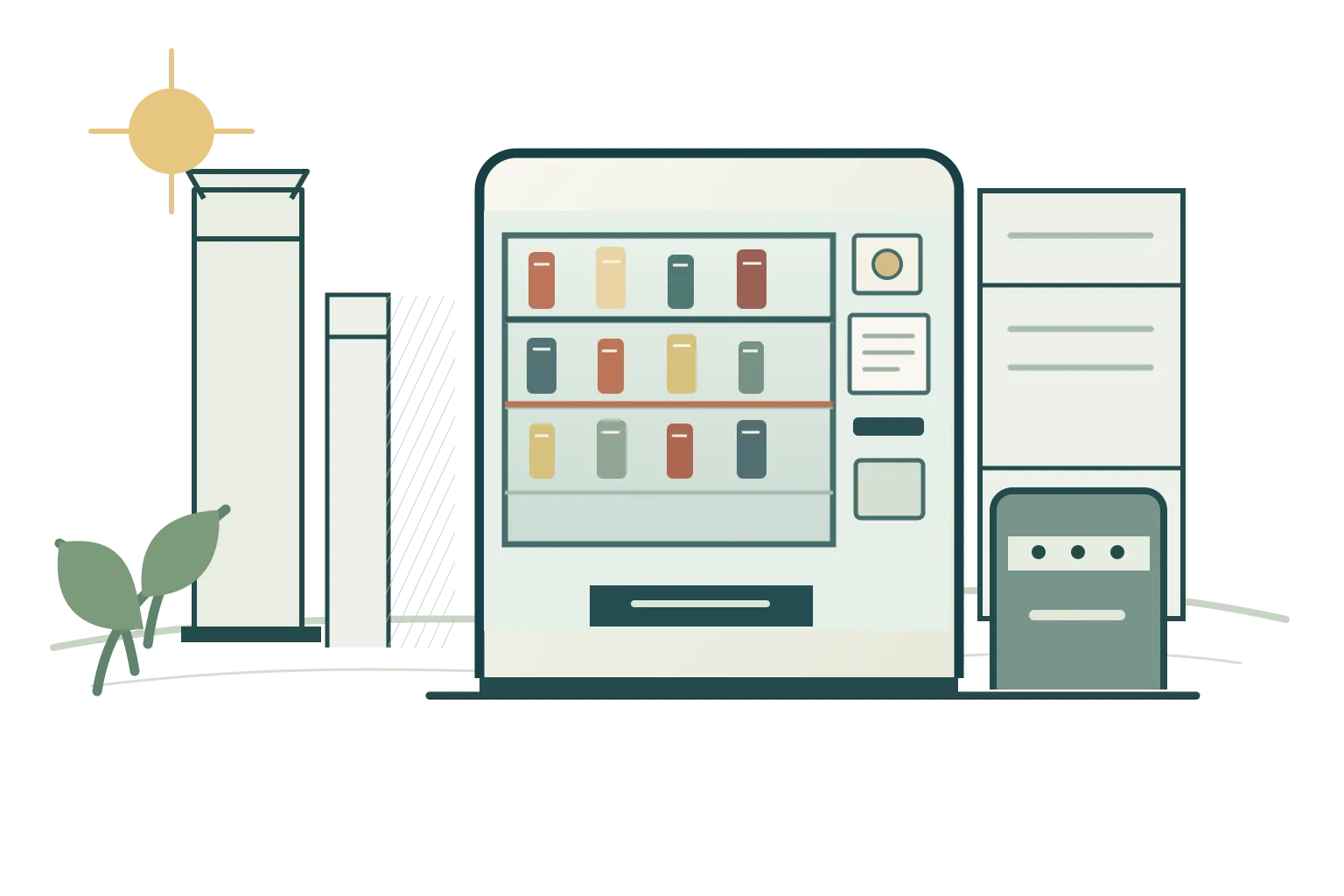 Illustration of a drinks vending machine and a separate container collection box on a bright, quiet street.