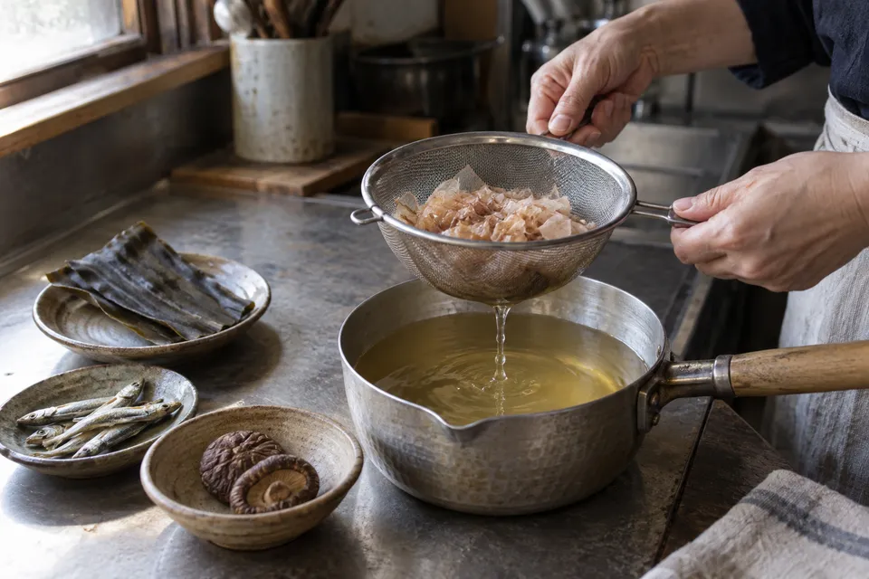 朝の厨房で、料理人の手がかつお節をこし、鍋へ淡い金色のだしを落としている