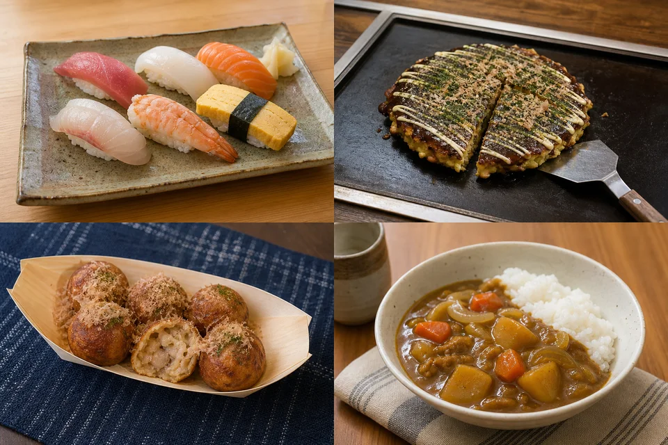 寿司、お好み焼き、たこ焼き、家庭カレーを横長に並べた料理写真