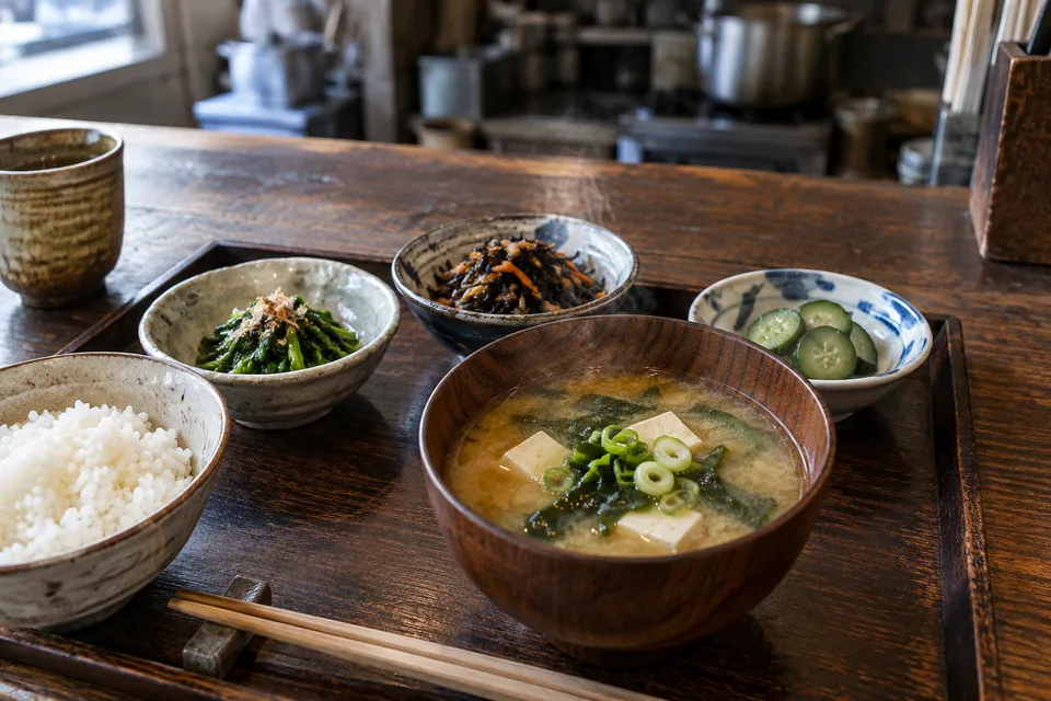 Miso soup, rice, greens, simmered hijiki and cucumber pickles on a wooden Japanese diner counter