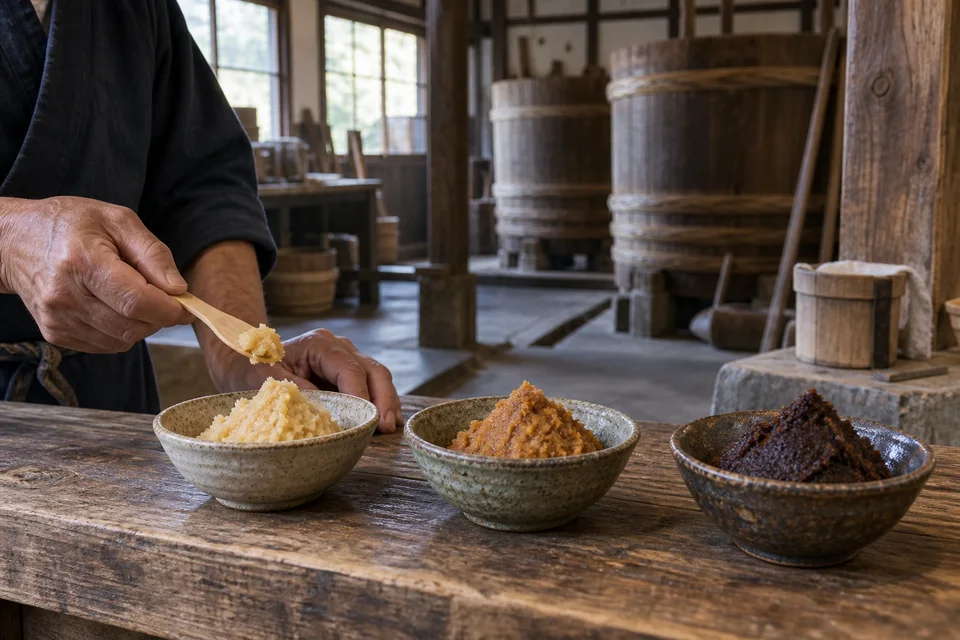 A craftsperson compares pale, red and soybean miso with a wooden spatula in a small wooden brewery
