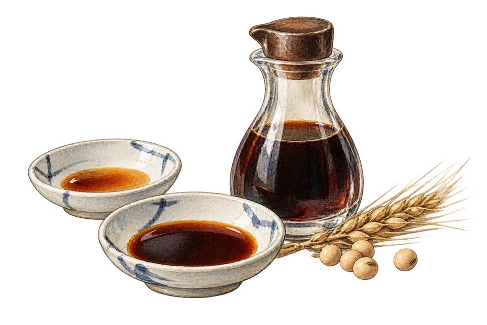 醤油差し、小皿、麦、大豆の水彩イラスト