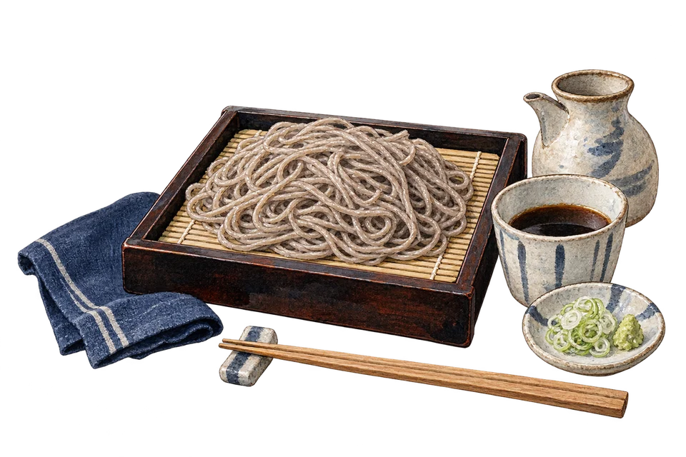 竹ざるの冷たいそば、つゆ、薬味、そば湯の器を描いた編集イラスト