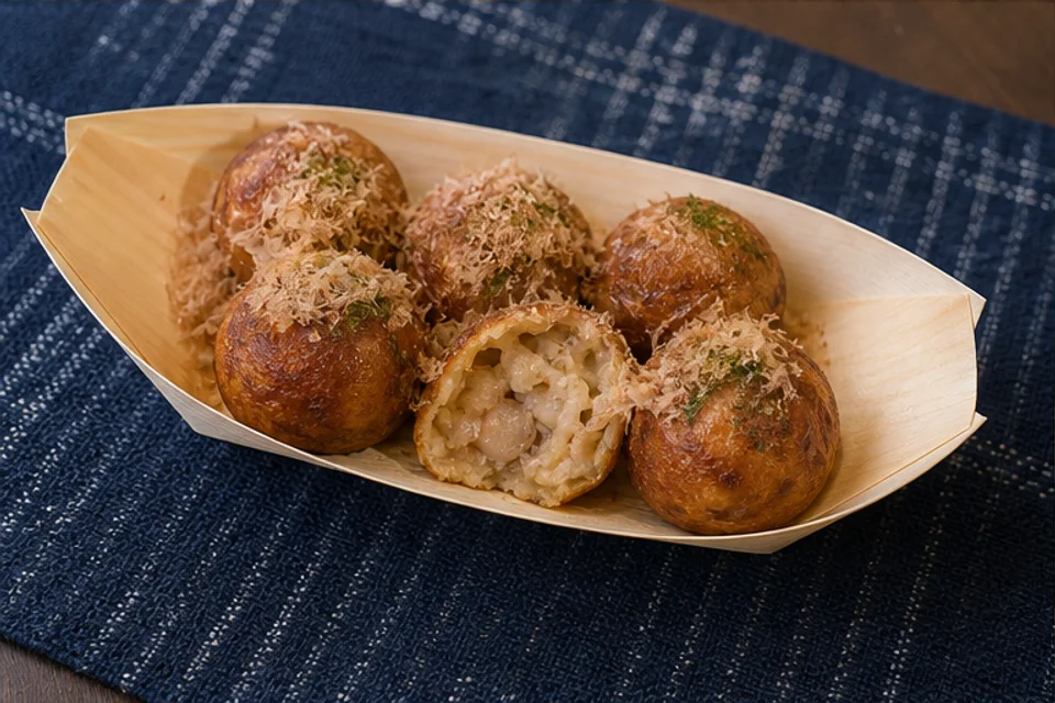たこ焼き：熱く丸く、中はやわらかくの料理写真