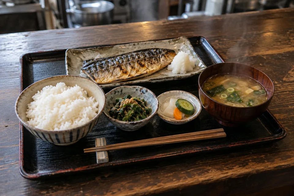 木の食堂カウンターに、ご飯、味噌汁、鯖の塩焼き、青菜の小鉢、漬物を並べた定食