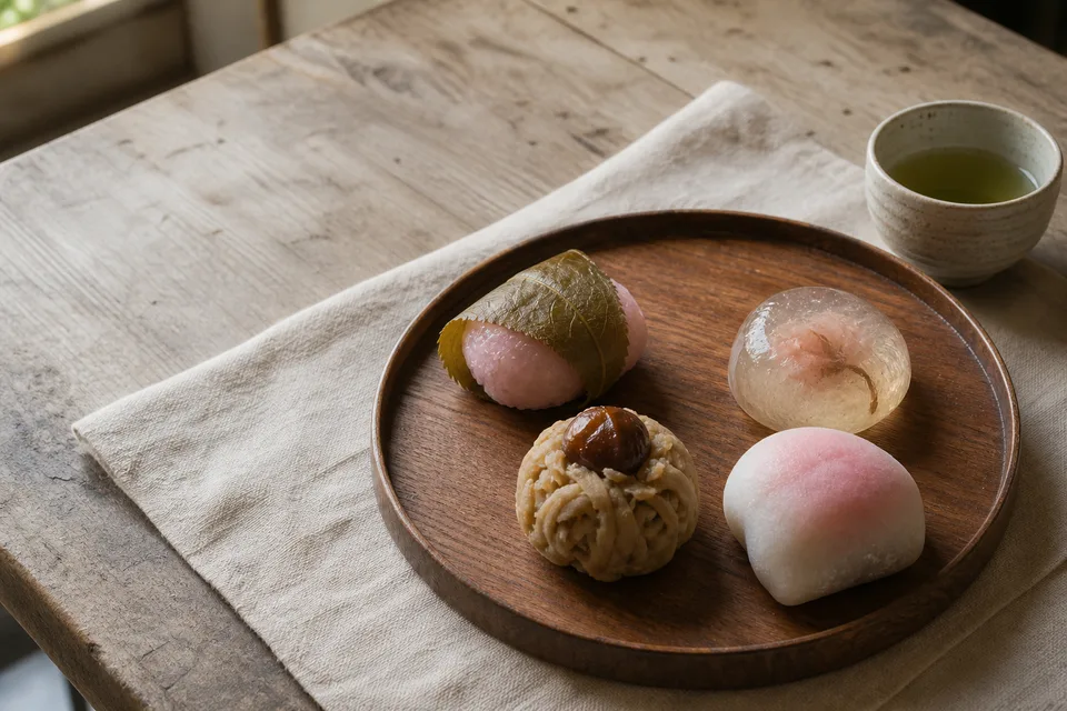季節の和菓子を木の盆へ置いた横長の編集写真