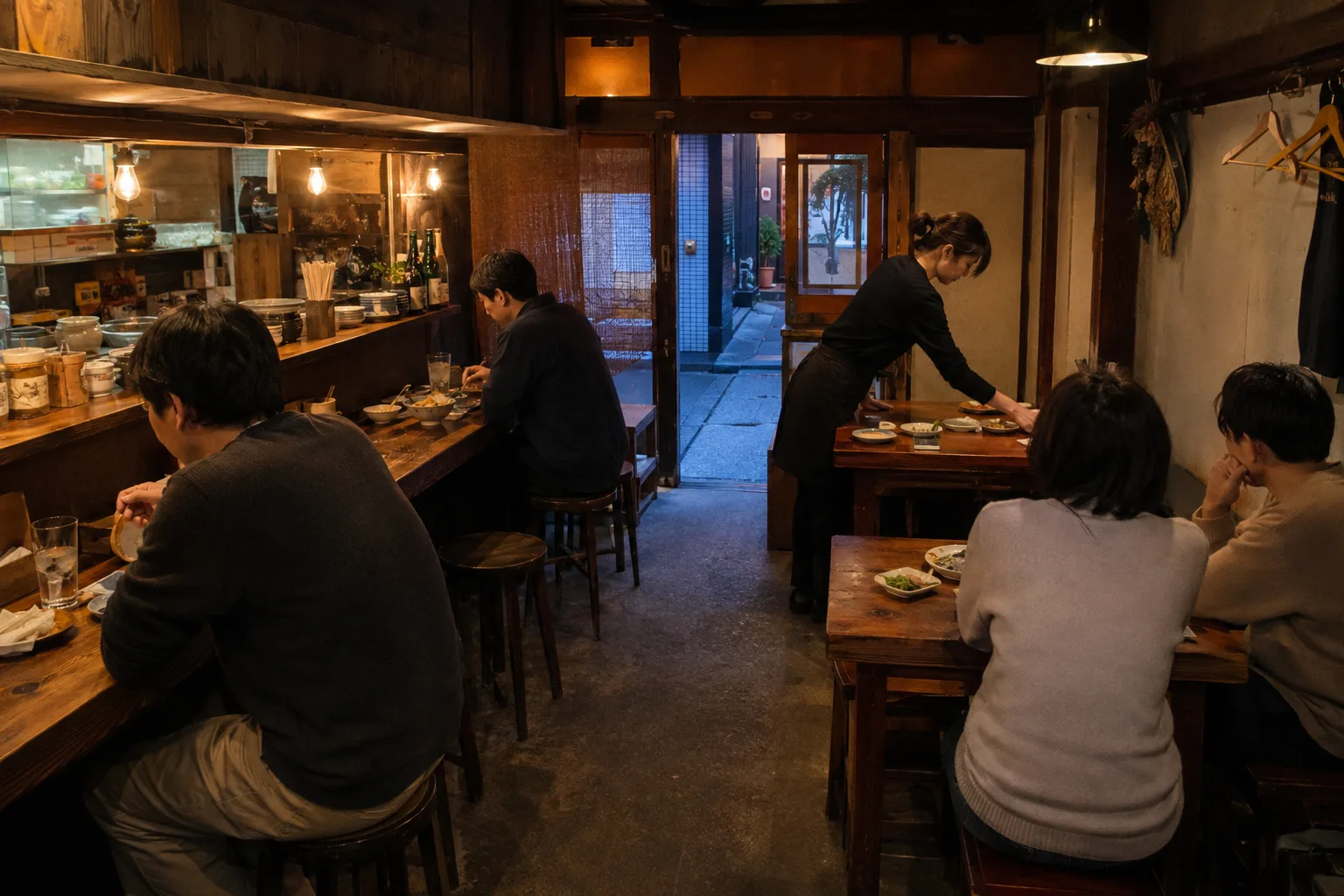 A quiet neighbourhood izakaya has solo counter diners, a shared table and staff resetting another table at blue hour.