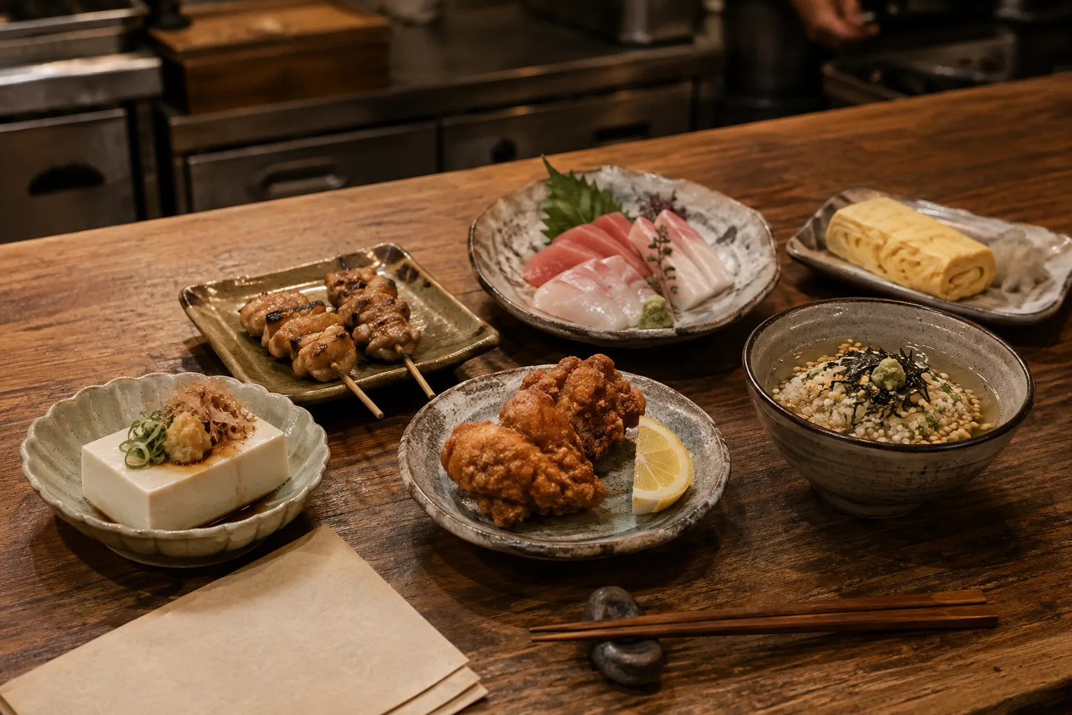 冷たい物、焼き物、揚げ物、生もの、温かい物、最後の一杯を表す六つの小皿。