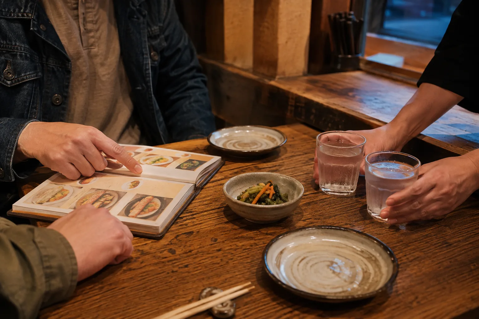 Two diners point to a picture menu as a staff member brings water and a small starter.