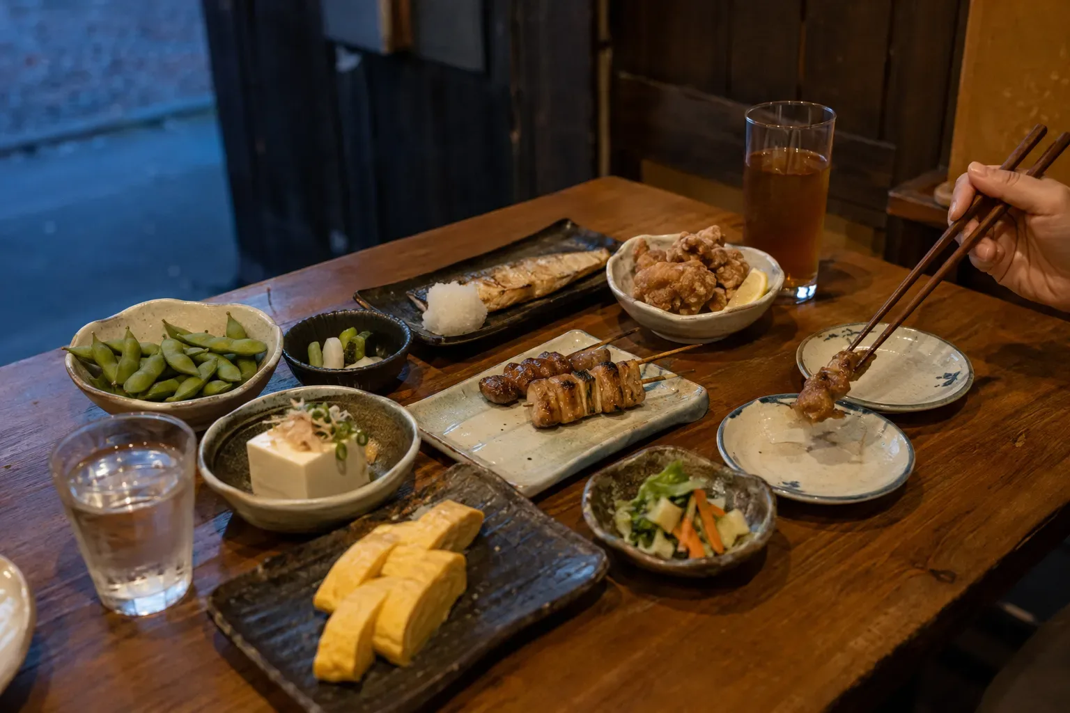 暖かな木の卓で、二人分の小皿料理を取り分ける様子。人物は手元だけが見えます。