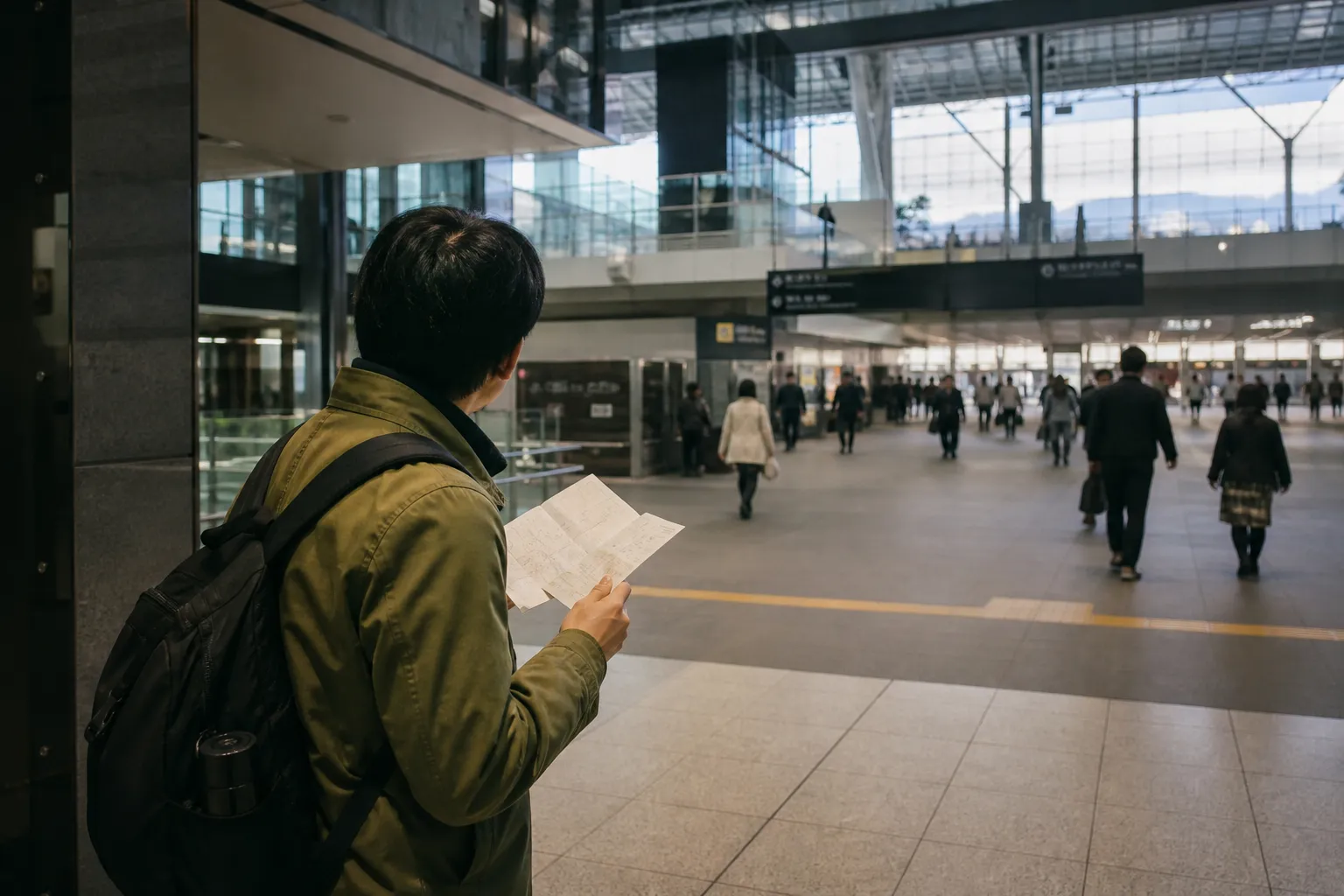 日本の大きな駅で、人の流れから外れて紙の住所を確認する旅行者。