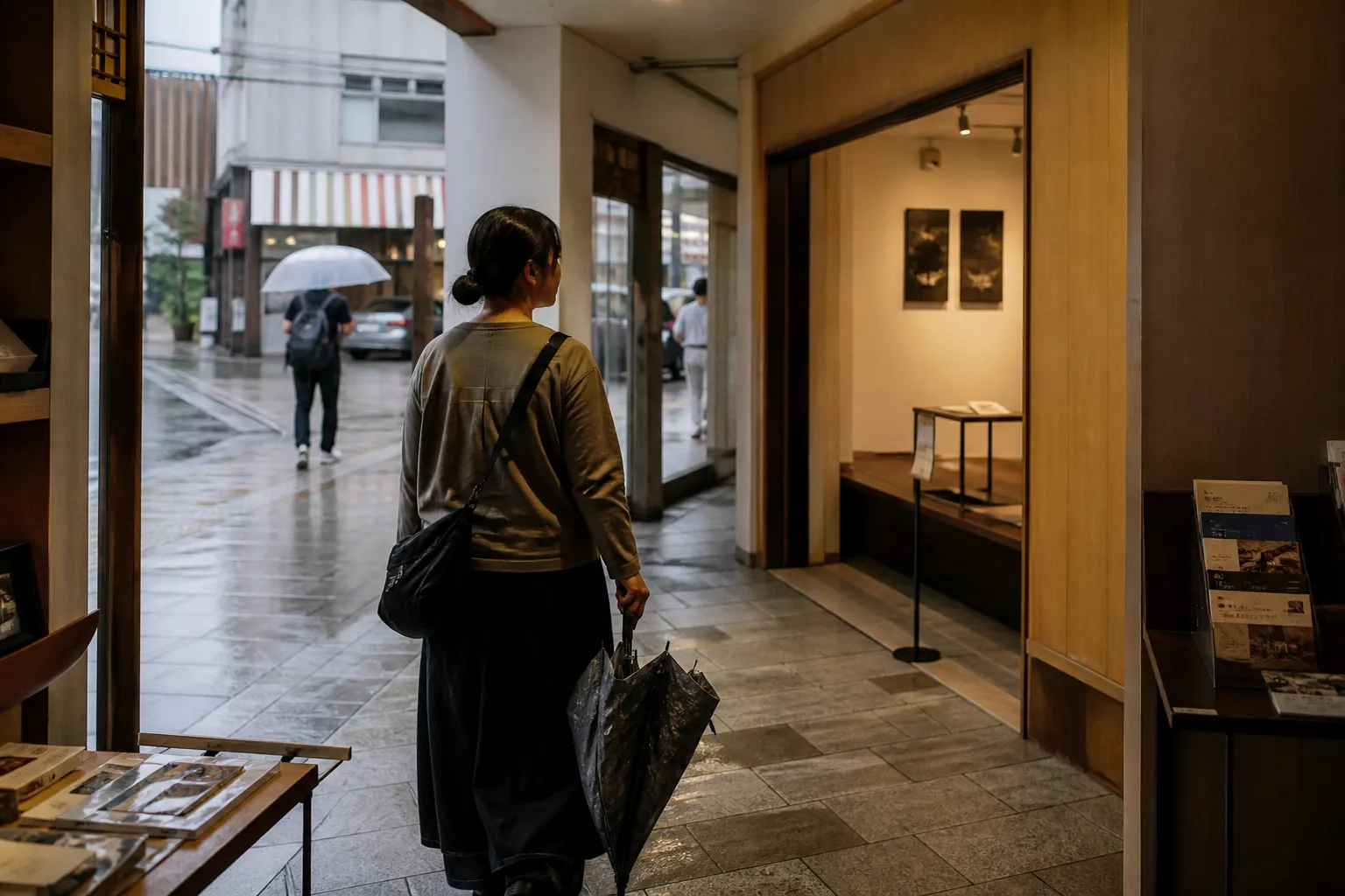 雨に濡れた通りから、濡れた傘を持って屋内の文化施設へ入る旅行者。