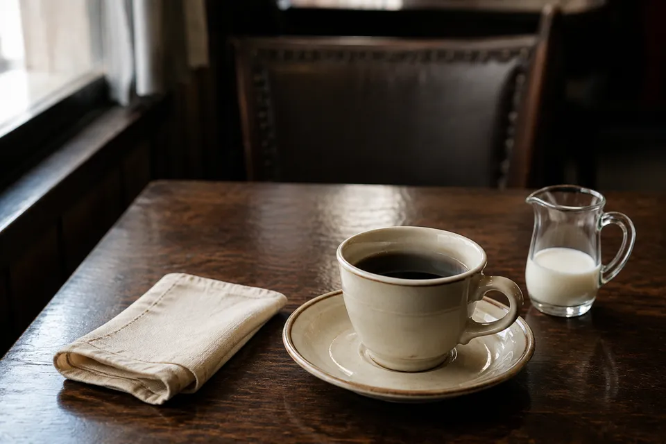 木のテーブルに置いたアイボリーのカップのブラックコーヒーと、小さなミルク入れ。