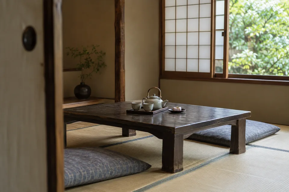 障子から光が入る畳の部屋。低い卓にお茶が置かれています。