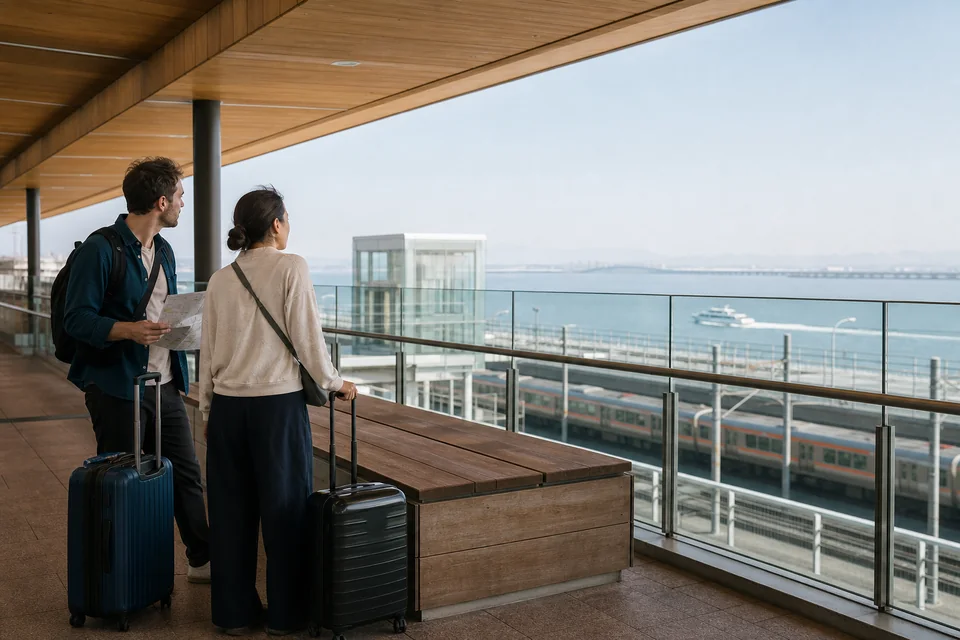 中部国際空港: 到着後に紙の住所を見ながら次の交通を相談する旅行者