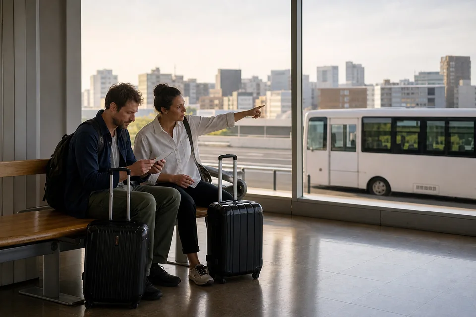 福岡空港: 到着後に紙の住所を見ながら次の交通を相談する旅行者