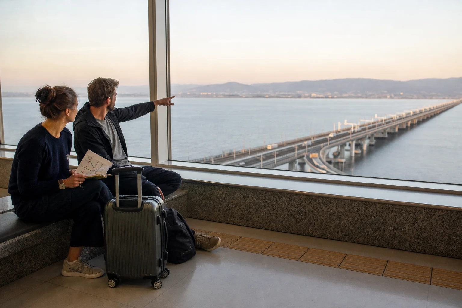 海上空港の窓辺で、二人の旅行者がスーツケースと小さなメモを手に、海を渡る道路・鉄道の連絡橋を見て次の行先を相談する編集写真。実在の案内表示は描いていない。