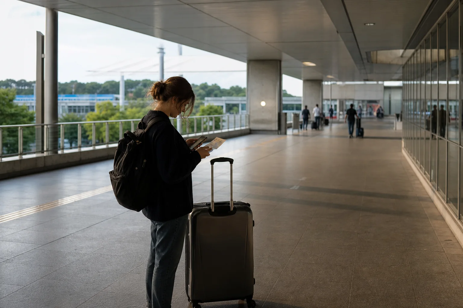 A traveller compares a hotel-address card with a phone beside a suitcase in a morning concourse inspired by Narita; no real wayfinding sign is depicted.