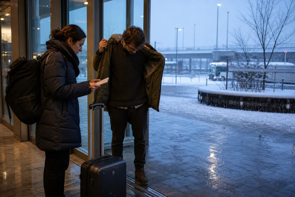 New Chitose Airport: travellers pause after arrival and compare the next transport with a paper address
